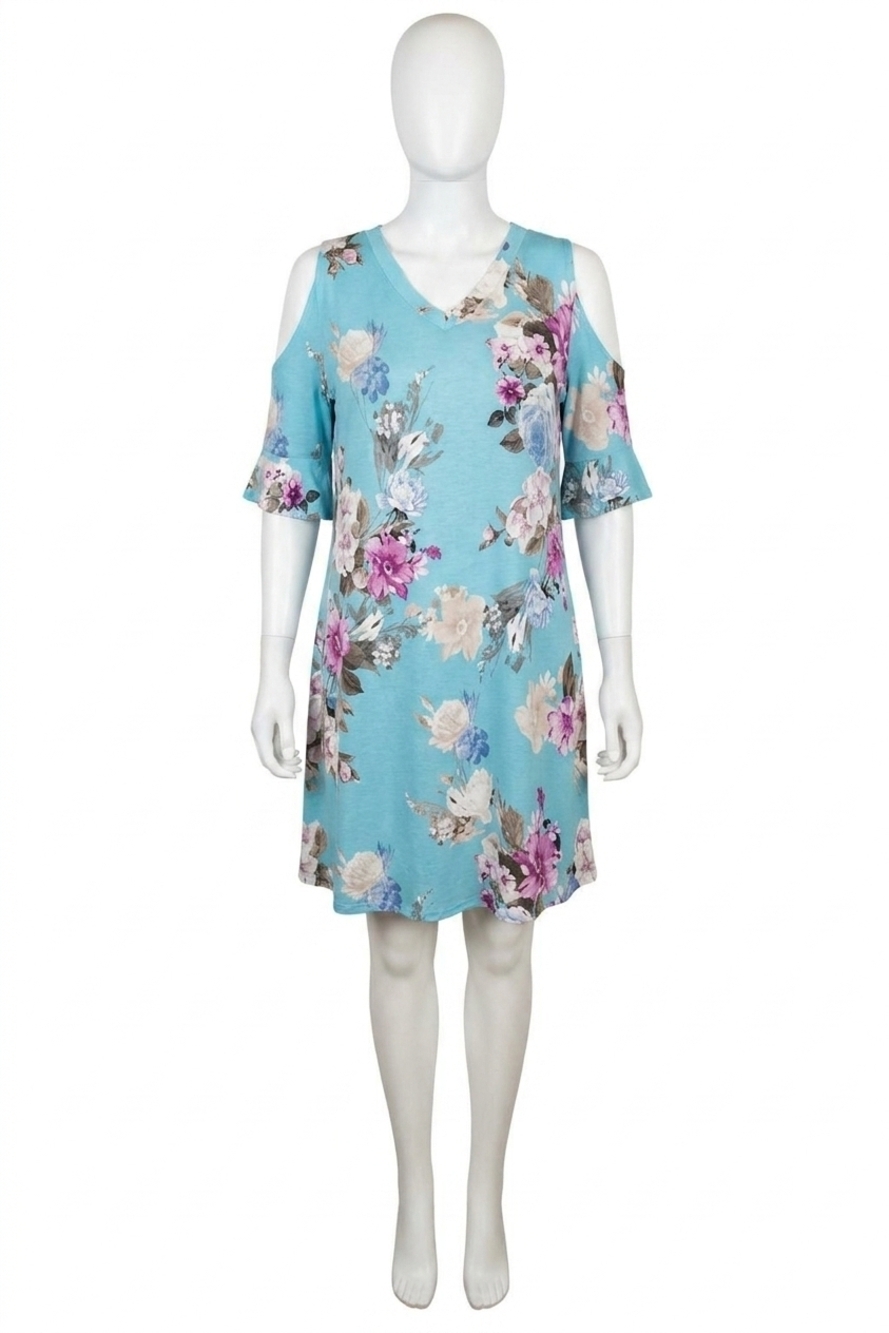 NEW HONEYME floral ruffle sleeve cold shoulder dress in light blue